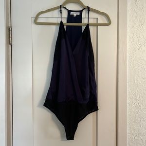 Socialite Lace Trim Satin Bodysuit Navy